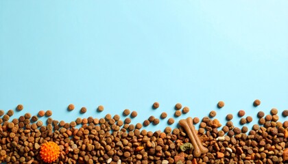 Brown dry dog food kibble scattered across the bottom of a light blue background with a bone shaped treat and orange toy for a happy and healthy pet's meal.