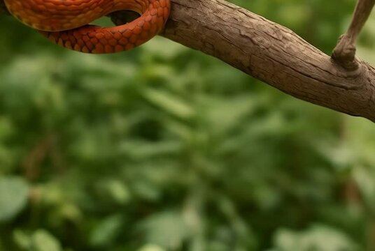 A vivid corn snake delicately perched on a mossy forest branch, blending seamlessly into the wild woodland environment with its striking patterned scales