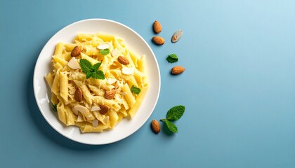 A delicious plate of pasta with creamy sauce, almonds, and fresh mint garnish sits invitingly on a vibrant blue background, a culinary delight to behold.