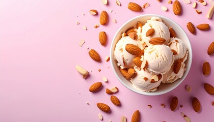 Creamy almond ice cream scoops are beautifully arranged in a white bowl surrounded by whole almonds against a soft pink background, creating a delicious treat.