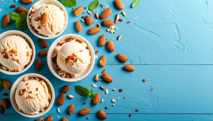 Bowls of creamy almond ice cream garnished with fresh mint leaves and whole almonds are arranged on a vibrant blue wooden surface, creating a tempting dessert scene.