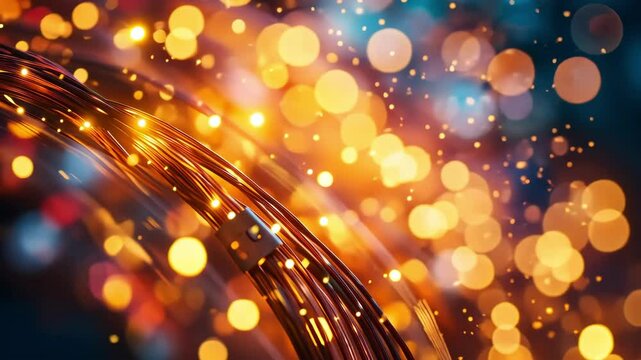 Sparkling light string macro with bokeh, festive holiday background with golden light.
