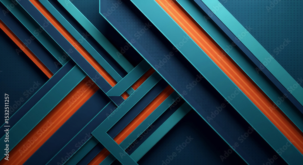 Poster Abstract image of teal and dark blue stripes intersecting at angles, with orange accents, creating a geometric pattern suitable for a modern background or design element