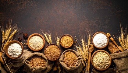 An overhead view shows diverse grains and flours artistically arranged with wheat stalks and rustic wooden bowls on a textured dark brown surface above burlap sacks.