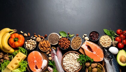 A vibrant arrangement of fresh salmon, fish, nuts, beans, fruits, vegetables, and cheese are displayed on a dark surface promoting healthy eating and lifestyle.