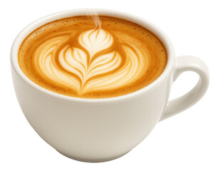 Cappuccino with intricate latte art in a white ceramic cup, showcasing a heart-shaped foam design.