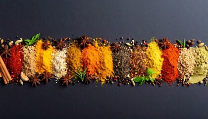 An artistic arrangement showcases various colorful spices and herbs in a row against a dark background, creating a vibrant and flavorful culinary display.