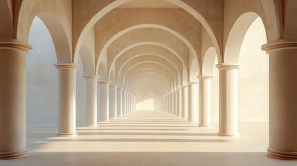 Fototapeta premium Beige arched colonnade interior, sunlight perspective, empty space, architectural