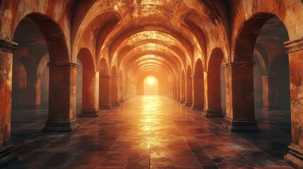Obraz premium Ancient arched hallway, sunlight, mystery, vastness, for stock photography use