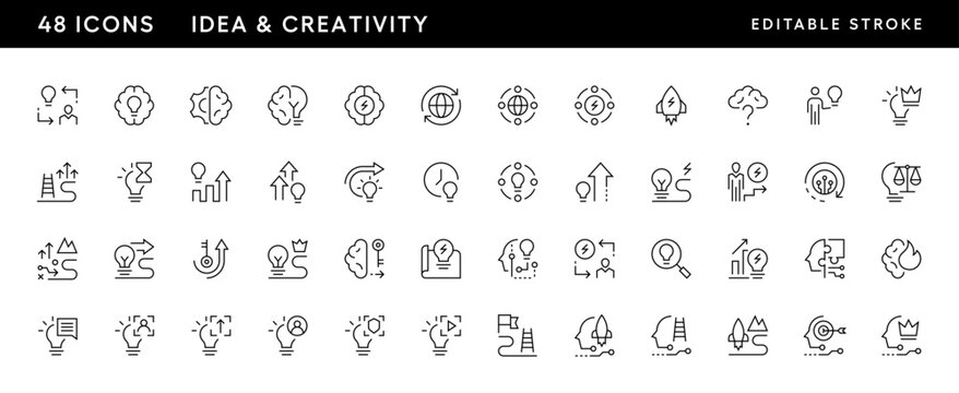 Idea and creativity outline icon collection. Innovation, inspiration, problem solving, thinking, brainstorming, integration, coordination and more. Editable stroke. Pixel Perfect. Grid base 32 x 32.