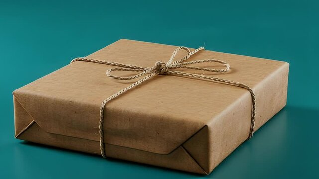 Brown Paper Gift Box Wrapped with Gold String Cord on Teal Background Present for Holiday or Birthday Simple Celebration with Neutral Colors