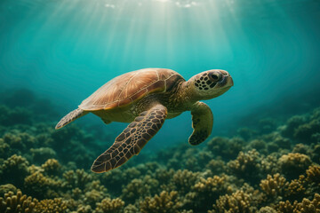 Sea turtle swimming gracefully above vibrant coral reef underwater with sun rays shining through clear blue ocean