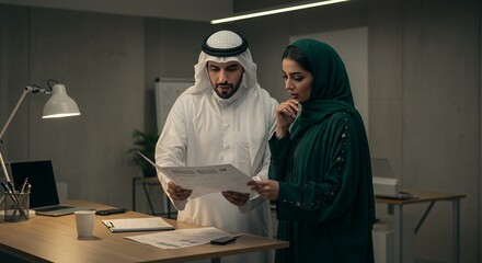 Arab Business Partners Reviewing Documents Late at Night