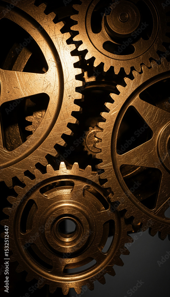 Poster close-up of bronze gears interlocking, showcasing intricate details and textures, symbolizing precis
