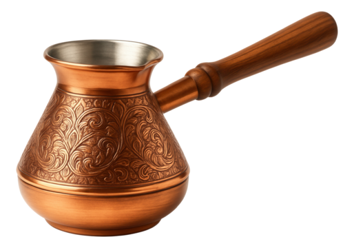 Ornate copper coffee pot with engraved patterns and a wooden handle.