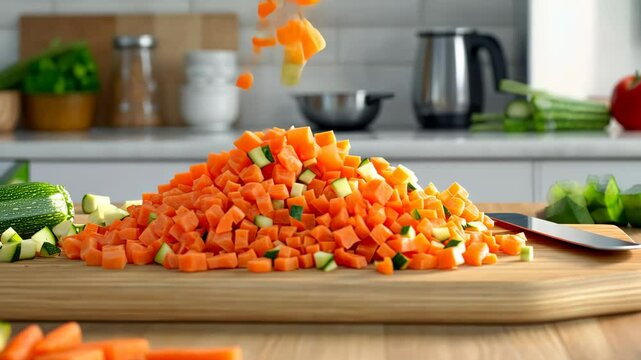 Fresh vegetable chopping with homely kitchen background in slow motion sequence
