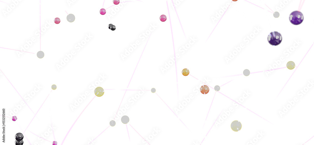 Poster Colorful spheres connected by thin lines, representing network, technology, or connection concepts.