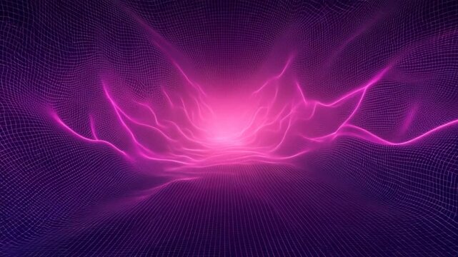 Abstract digital wave background with futuristic glowing pink light and gridlines