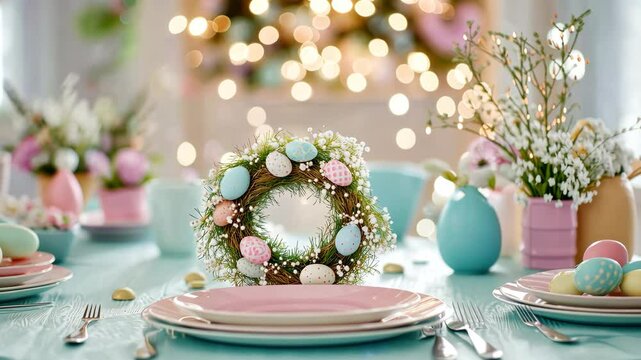 Festive easter dinner table decor with colorful eggs and floral centerpiece in soft pastel setting