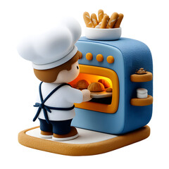 Charming stylized baker character baking bread in a playful kitchen scene