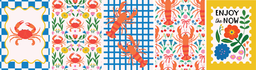 Colorful summer coastal beach Poster featuring sealife and floral illustrations. Vibrant motifs of crab, lobster and flowers. Perfect for banners, advertising, web design, t-shirt design © sudevi