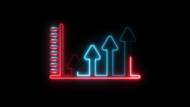 Glowing neon bar chart business growth and upward animation isolated on black background