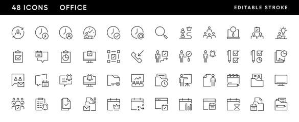 Office and work icon collection. Workplace, work group, team, office equipment, time management, deadline, documents and more. Editable stroke. Pixel Perfect. Grid base 32 x 32.