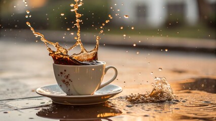 Dynamic Coffee Splash in a White Cup at Sunset