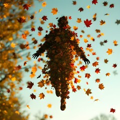 Ephemeral Embrace: A surreal figure, artfully composed of autumn leaves, floats freely against a sunlit sky, as if merging with the very essence of the season. 
