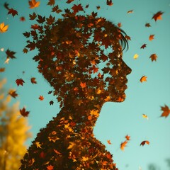 Autumnal Contemplation: A silhouette of a person, formed by falling autumn leaves against a backdrop of a cerulean sky, evokes introspection and the ephemeral nature of life.