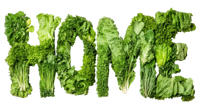 HOME Made of Green Lettuce: Verdant letters spell out "HOME," artfully constructed from fresh lettuce, epitomizing the essence of healthy living and domestic bliss in a garden-fresh arrangement.