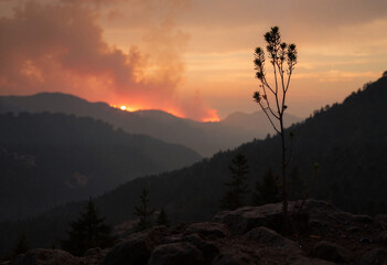 Flames from a wildfire rising over the mountain landscape at sunset