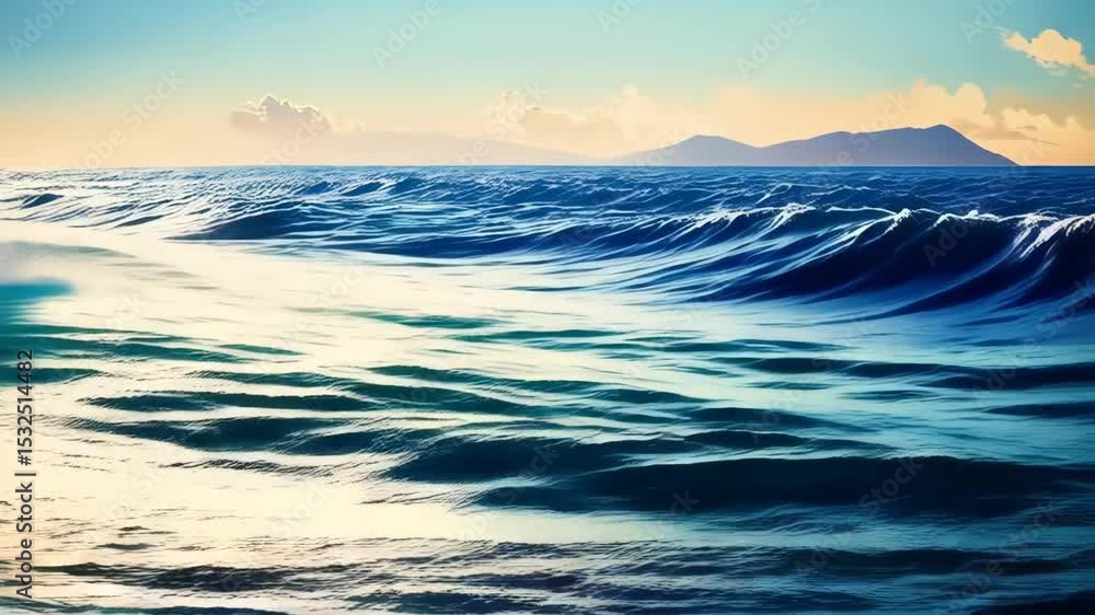 Poster dramatic ocean waves crashing towards the shore with distant mountains under a serene sky, creating 
