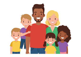 Family portrait with father at center, stylized vector flat design, smiling faces, white background
