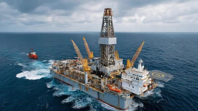 Ocean's Power: The photo depicts a massive offshore oil rig platform, an emblem of energy industry in operation, accompanied by a support vessel.
