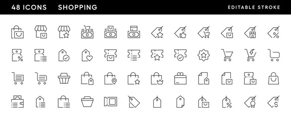 Shopping icon collection. Retail icon set. Purchase, store, shopping bag, wallet, sale, invoice, price tag, marketplace, gift and more. Editable stroke. Pixel Perfect. Grid base 32 x 32.
