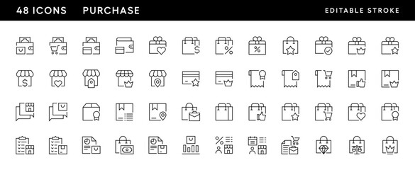 Purchase icon collection. Retail, purchase, store, shopping bag, wallet, sale, invoice, price tag, marketplace, gift and more. Editable stroke. Pixel Perfect. Grid base 32 x 32.