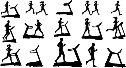 Gym fitness treadmill silhouettes set, large pack of vector silhouette design, isolated white background

