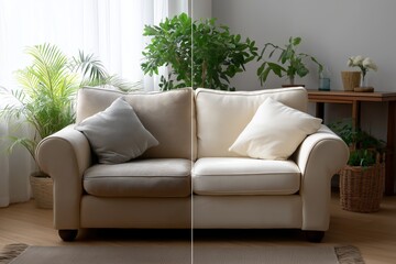 A cozy living room with a stylish beige sofa decorated with soft pillows before and after dry cleaning, surrounded by lush indoor plants and natural lighting, creates a warm and welcoming atmosphere.