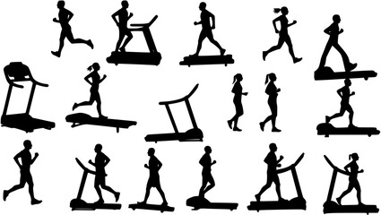 Gym fitness treadmill silhouettes set, large pack of vector silhouette design, isolated white background
