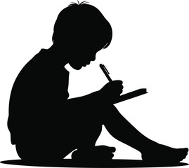 Silhouette of a Child Writing or Drawing, Transparent Background.
