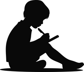 Silhouette of a Child Writing or Drawing, Transparent Background.