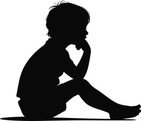 Silhouette of a Child Sitting in Deep Thought, Transparent Background.