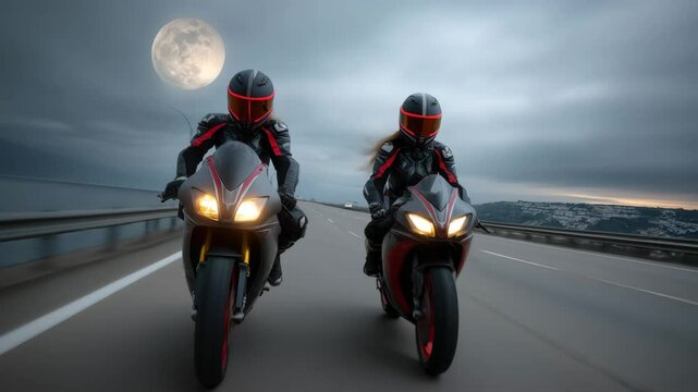 Two girls in motorcycle gear and helmets ride sports motorcycles on a bridge at night under the light of the full moon