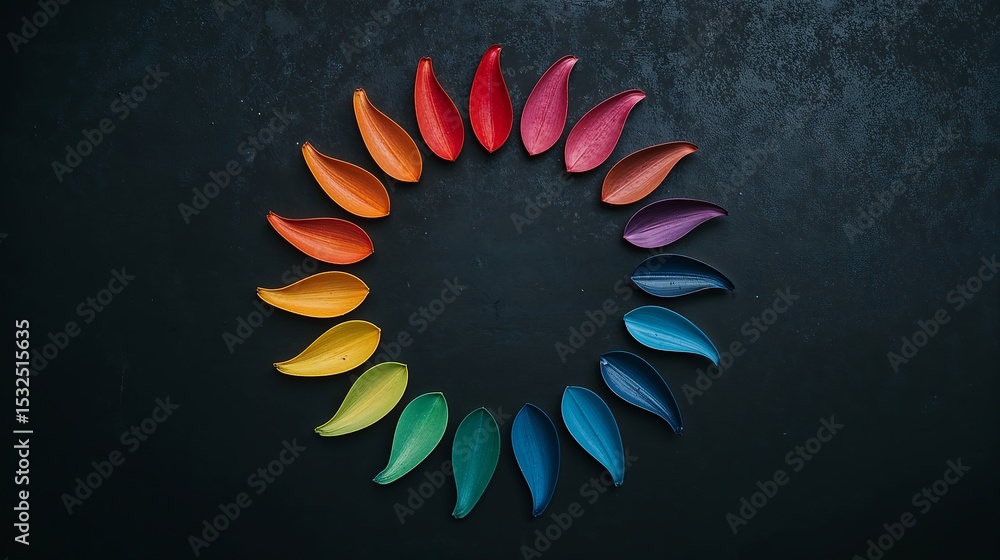 Poster colorful leaf shaped objects arranged in a circle on dark background vivid rainbow hues spectrum sha