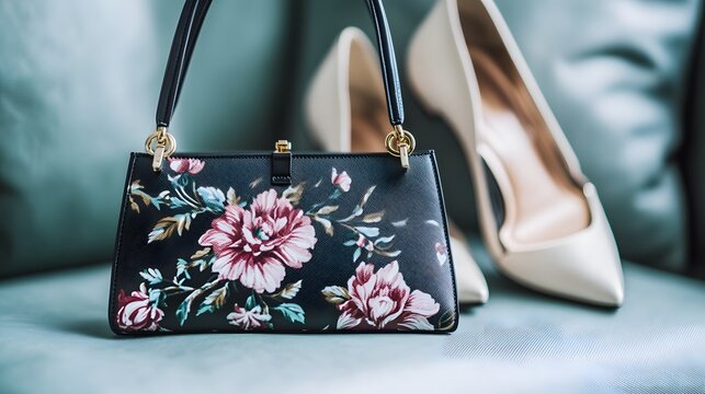 Floral print handbag and high heels resting on a couch. - Powered by Adobe