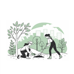 Duo Planting Trees for Urban Greening and Environmental Care