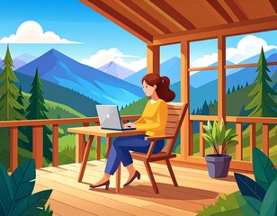 Minimal vector of woman working on laptop from vacation in mountains, symbolizing remote work freedom and modern work-from-home lifestyle