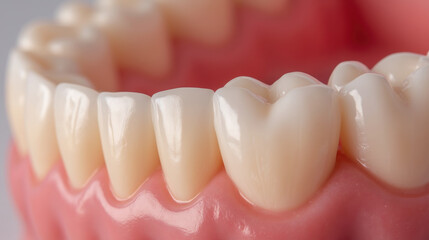 Close up view of realistic dental teeth, showcasing their smooth surface and natural color against pink gum backdrop. This highlights dental