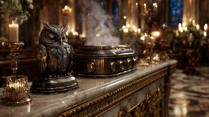 Victorian Steampunk Owl Sculpture in Candlelit Palace with Smoke